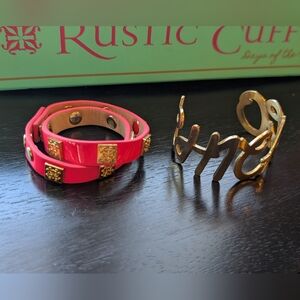 Rustic Cuff Gold "Chicago" and Hot Pink Leather Bracelet Duo
